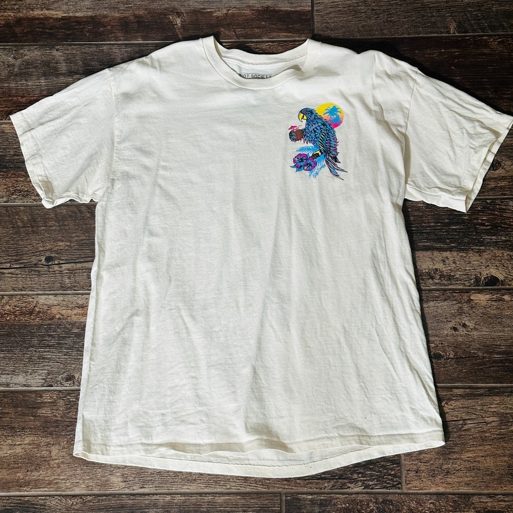 Riot Society T Shirt Men's Large L Off White  Small Parrot Graphic Tee on Front